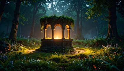 a clearing with a glowing ancient well in a mystical enchanted forest