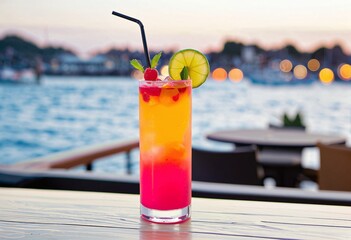 Portrait of a vibrant mocktail against the blurred harborside with copy space
