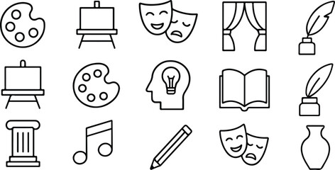 Black Vector Silhouette of Art and Culture Icon Set – Adjustable Line Weight Theater, Music, Dance, Film, Photography Symbols on White Background
