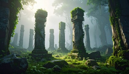 ancient stone pillars rising from a mystical enchanted forest
