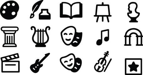 Black Vector Silhouette of Art and Culture Icon Set – Adjustable Line Weight Theater, Music, Dance, Film, Photography Symbols on White Background