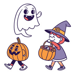 Adorable cartoon ghost jack o lantern and witch with candy basket walking together in a playful and festive halloween celebration