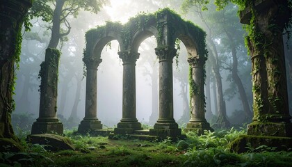 ancient stone pillars rising from a mystical enchanted forest