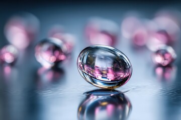 Beautiful transparent droplets with pink hues arranged on a reflective surface in artistic display