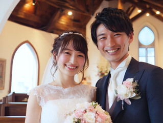 笑顔あふれる新郎新婦の結婚式ポートレート