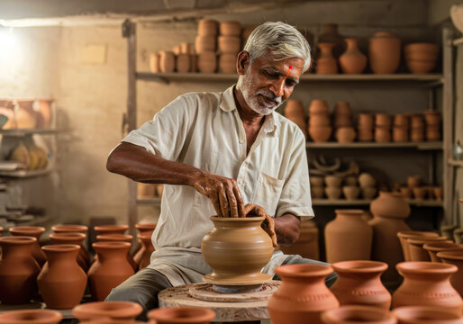 Experienced Indian Master Potter Skillfully Handcrafting Traditional Earthenware Pottery in a Rustic Workshop Showcasing Ancient Craftsmanship and Cultural Heritage - Powered by Adobe