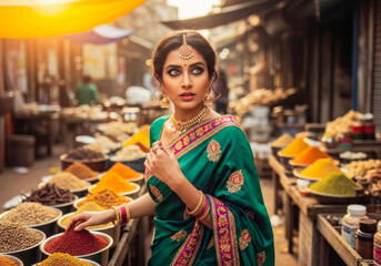 Fototapeta premium Elegant Indian Woman in Traditional Saree Exploring Vibrant Spices at a Bustling Authentic Market Embodying Cultural Richness