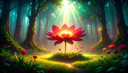 a clearing with a giant magical flower in a mystical enchanted fore