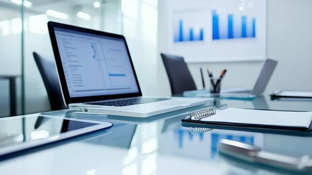 Office setup with laptops, notepad, tablet, and pen on a reflective glass table