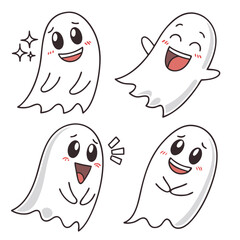 Four cute cartoon ghosts with different happy expressions and blush cheeks perfect for halloween or children s designs