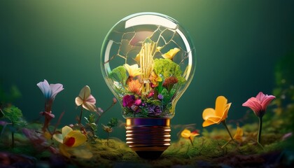 broken lightbulb with flowers and plants growing inside nature conservation eco friendly concept art