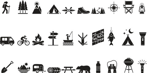 Vector Silhouette Icons for Outdoor Adventure, Travel, and Camping Activities Arranged in Three Horizontal Rows