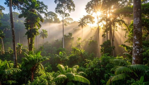 Lush sunrise in a tropical rainforest - Powered by Adobe
