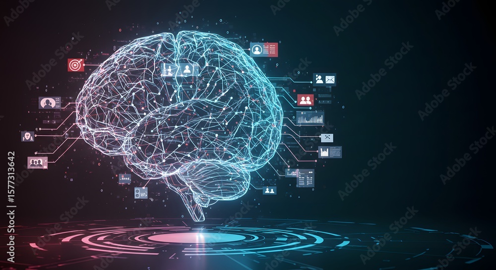 Poster networked brain digital hologram with data visualizations