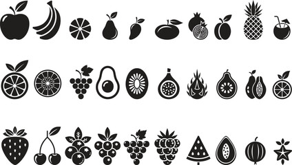 Vector Minimalist Fruit Icon Collection in Solid Black Including Kiwi, Grapes, Avocado, Dragon Fruit, and Watermelon
