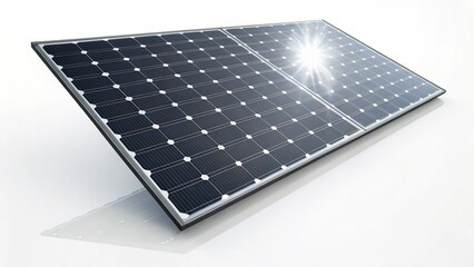 Solar panel on a white background generating clean energy from the sun with light reflecting off...