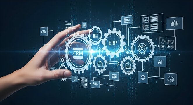 Human Hand Controls a Holographic RPA Ecosystem: Neon Gears, Data Streams, and Binary Code Orchestrating Automated Workflows Across CRM, ERP, and AI
