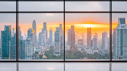 Sunrise over Urban Metropolis: A breathtaking cityscape panorama is seen through a modern office window as the sun rises over a bustling metropolis. capturing the serene, calm, and stunning visual