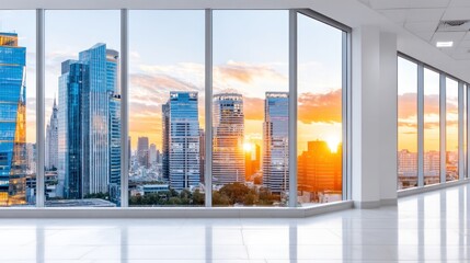 Cityscape Oasis: Modern office space frames a captivating view of a bustling cityscape, where skyscrapers meet the vibrant hues of a setting sun.