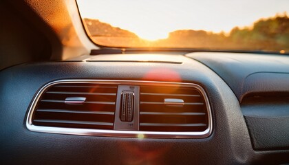Fototapeta premium close up of modern car air conditioning vent with sunlight shining through vehicle interior in warm golden hour