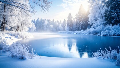 frozen lake surrounded by a mystical enchanted forest