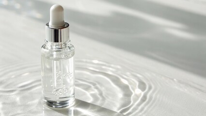 A clear serum bottle with dropper is displayed with water ripple reflections