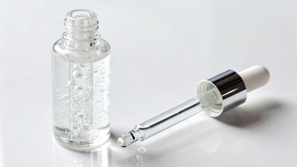 A clear serum bottle and dropper isolated on white background for skincare