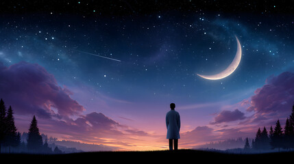 Fototapeta premium Person Standing Alone Under Crescent Moon and Starry Sky at Twilight