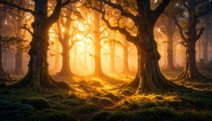 ancient gnarled trees in a mystical enchanted forest