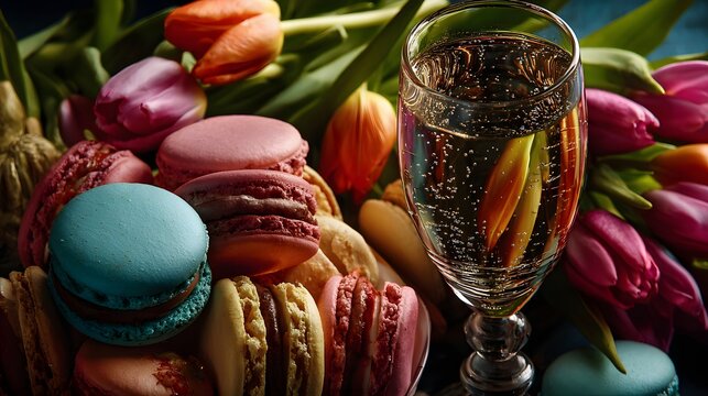 Vibrant Macarons with Tulip Bouquet and Sparkling Champagne Glass perfect for bakery promotions, brunch event flyers, floral brand advertising and celebratory social media posts