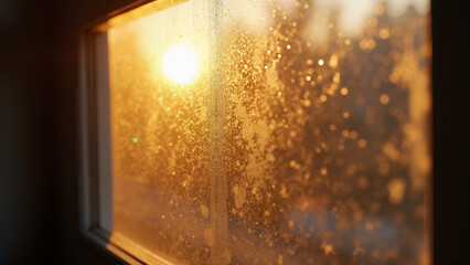 Dusty window glass with golden backlight