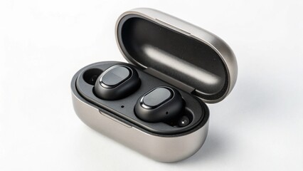 Wireless earbuds with a metallic charging case are displayed isolated on white background