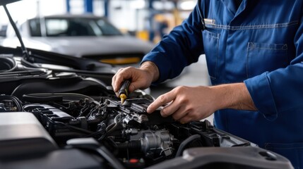 Mechanic Working on Engine with Tools in Automotive Workshop