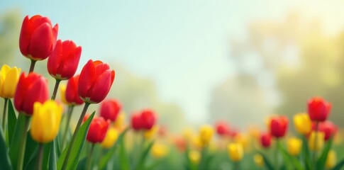 Framed red and yellow tulips, soft backdrop, ample space , garden, soft, tulips