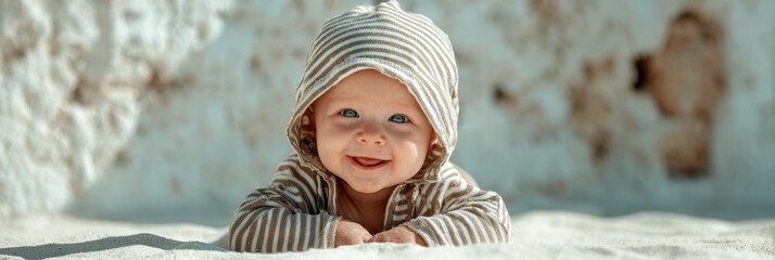 Happy baby smiling on sandy beach with sunlit background during daytime playtime