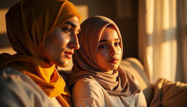 Close Up Portrait of Two Women in Hijabs in Warm Sunlight