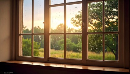 Window view of sunset, rain drops