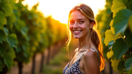 young woman stands amidst lush vineyard sunset radiant smile illuminated warm golden light filtering vines gentle