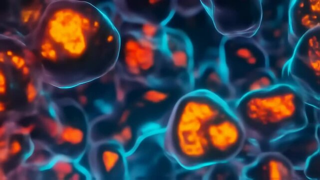 Vibrant Microscopic Cells: Abstract Biological Structures with Glowing Nuclei and Blue Auras