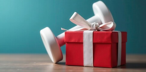 White dumbbell atop gift box, Black Friday fitness sale , fitness, healthy