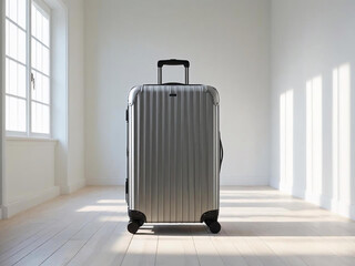 Suitcase stands in the middle of an empty room with new renovations, buying an apartment, new life