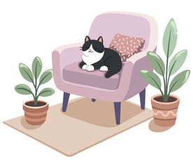 Flat vector illustration of a cute black and white cat sleeping on a pastel armchair with plants and rug in cozy interior. Calm and minimalist home scene.