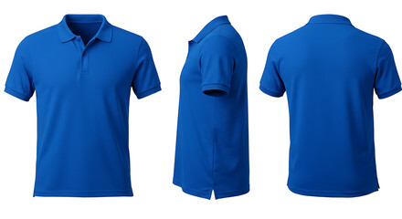 Blue polo shirt shown from front, side, and back views isolated on white
