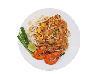 Top View of Pad Thai Noodles with Shrimp, Bean Sprouts, and Lime Isolated on White Background