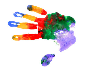A vivid multicolor handprint made with finger paints, isolated on a transparent or black...