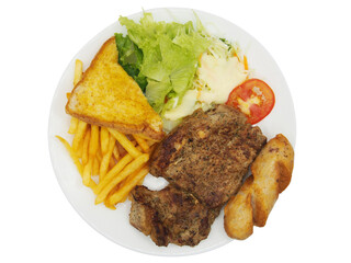 Pork Steak with French Fries, Toast, and Salad on Plate Isolated on White
