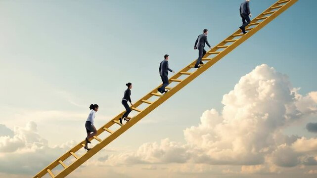 Business professionals climbing a ladder towards success