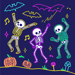 Neon halloween skeletons dancing with bats pumpkins and mushrooms on a dark blue background design