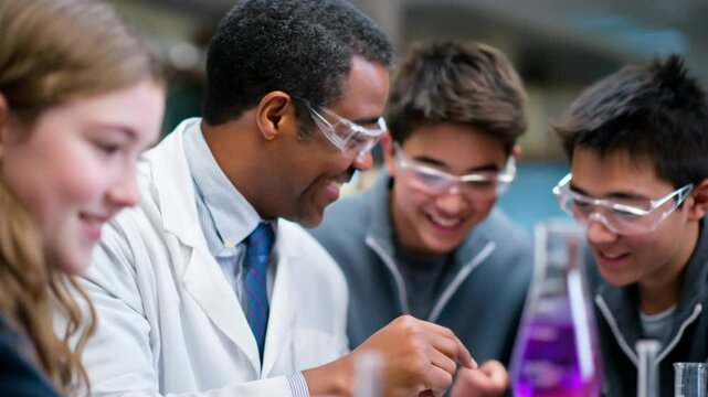 Happy Diverse Students Learning Chemistry with Their Engaging African American Science Teacher - Powered by Adobe
