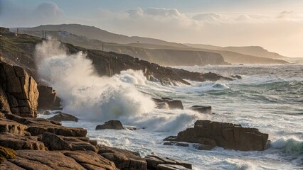 The jagged rocks and rock pools on an ocean coastline with waves breaking